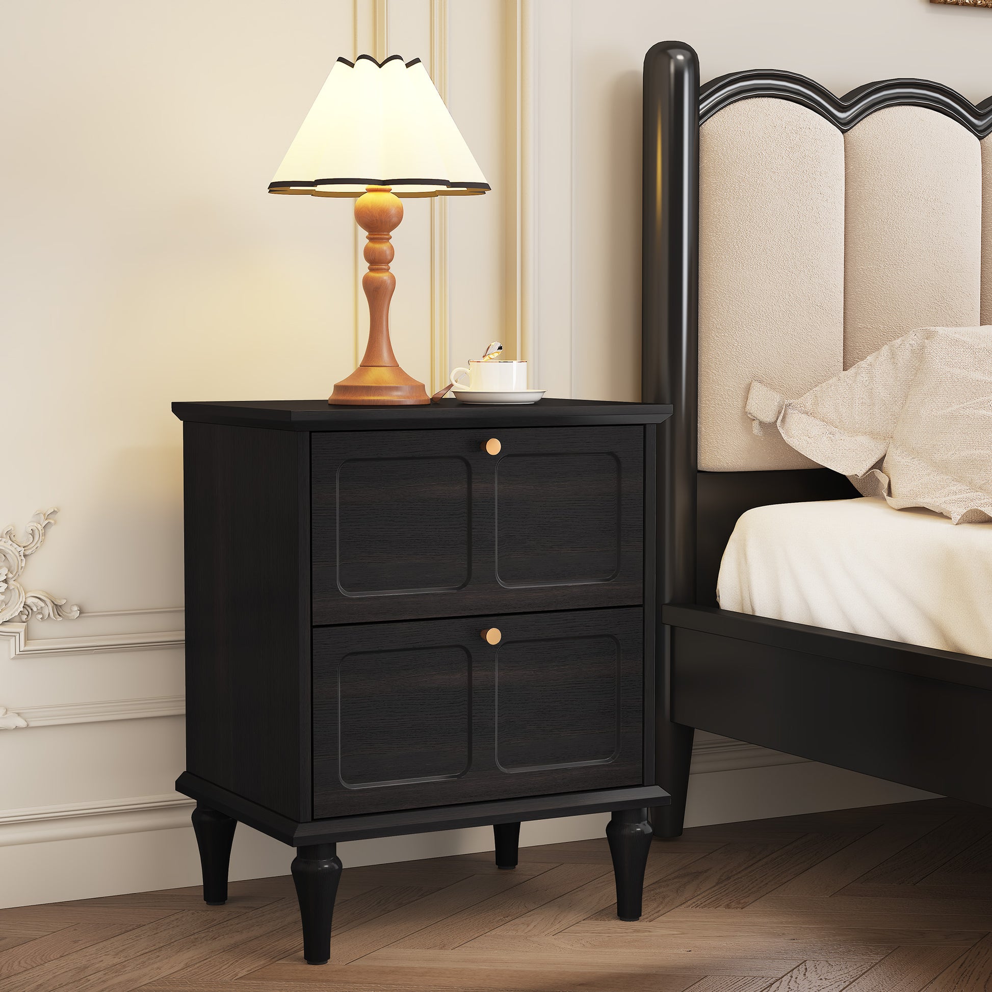 CBJCBJ21" Mid-Century Nightstands Set of Two, Featuring Two Storage Drawers with Metal Handles, Black