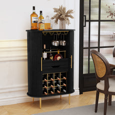 CBJCBJ Bar Cabinet with Tambour Door –Wood Liquor Cabinet 16 with Wine Racks and Glass Holder,Coffee Bar for Home(Black)