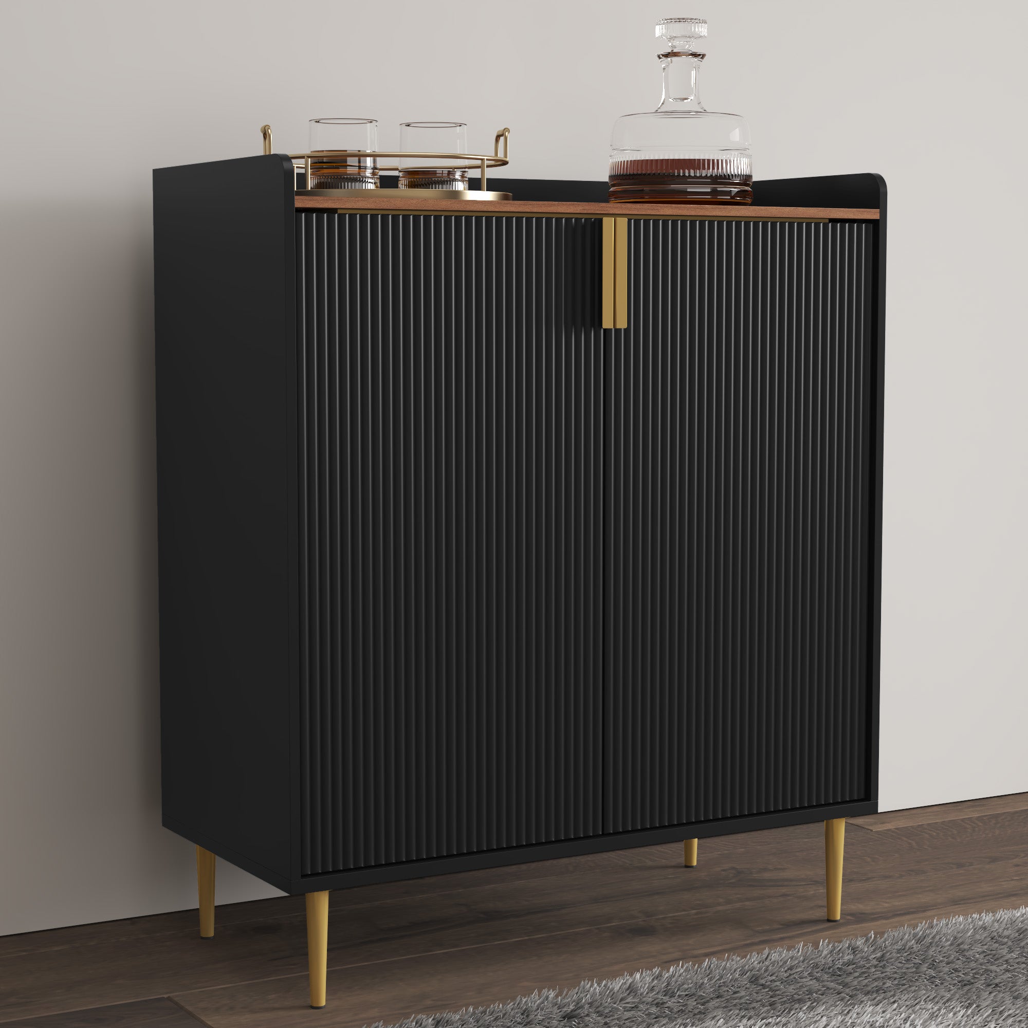 HLR 32"W Wine Bar Cabinet with 2 Door Fluted Texture, Modern Coffee Cabinet with Rack&Glass Holder, Black.