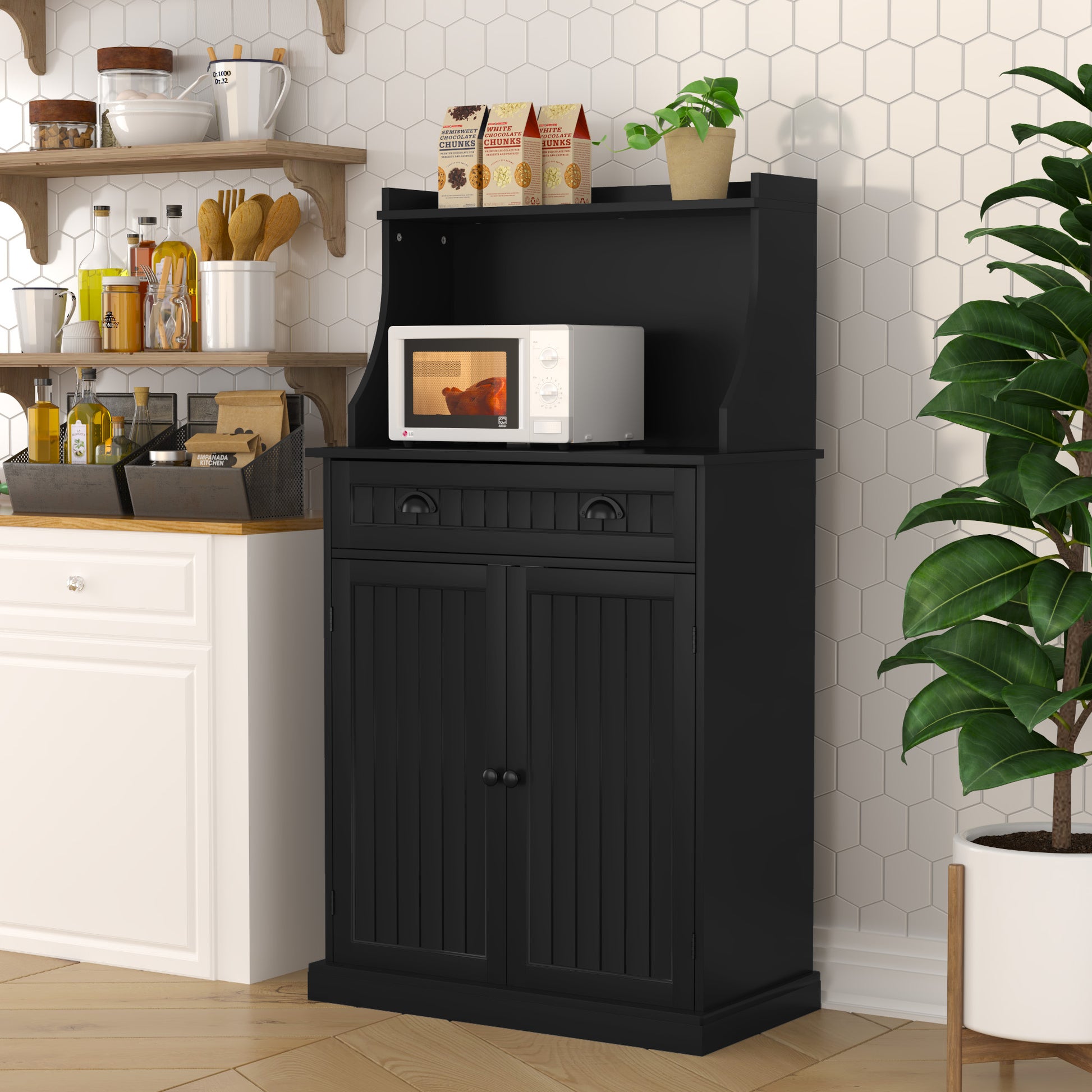 HLR 54" Kitchen Pantry Cabinet with Door & Shelves, Sideboard Buffet Cabinet with Microwave Stand for Dining Room, Black