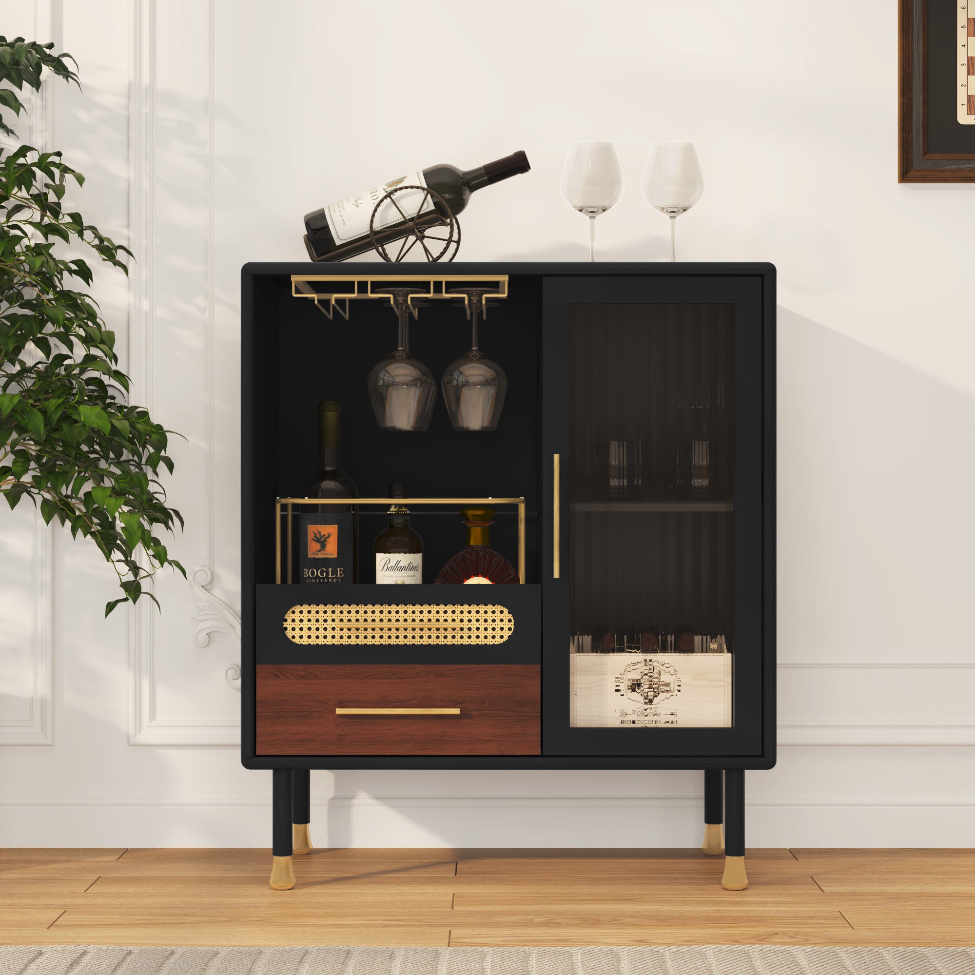 HLR 31.5"W Modern Wine Storage Cabinet with Pull-Out Rack & Tempered Glass Doors – Compact Coffee Bar for Kitchen, Dining Room, Apartmen, Black