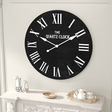 HLR 35.5” Farmhouse Large Shiplap Round Wall Clock with Roman Numeral for Living Room Decor, Black