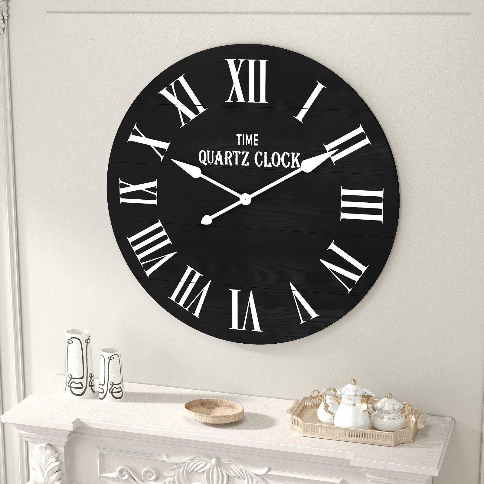 HLR 35.5” Farmhouse Large Shiplap Round Wall Clock with Roman Numeral for Living Room Decor, Black