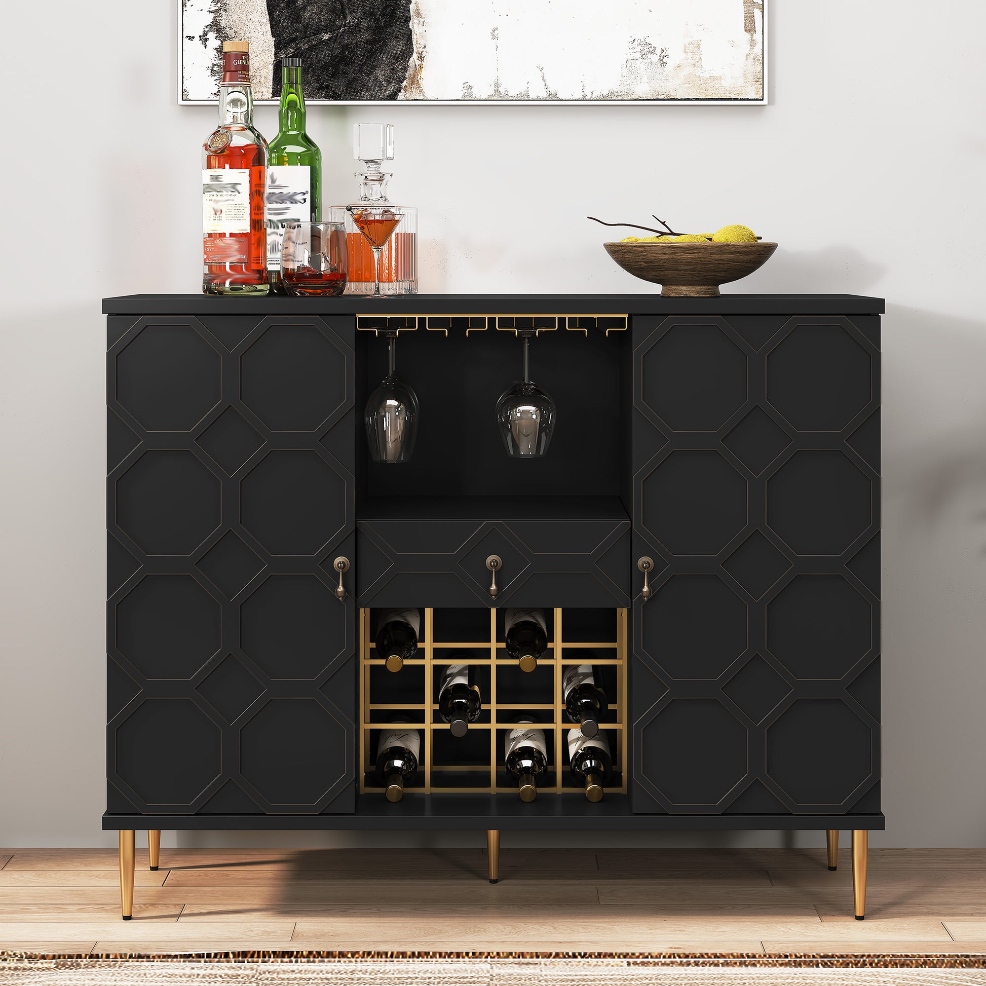 HLR Modern 47.2" Wine Bar Cabinet with Drawer, Geometric Door Buffet Sideboard Coffee Bar for Kitchen, Black