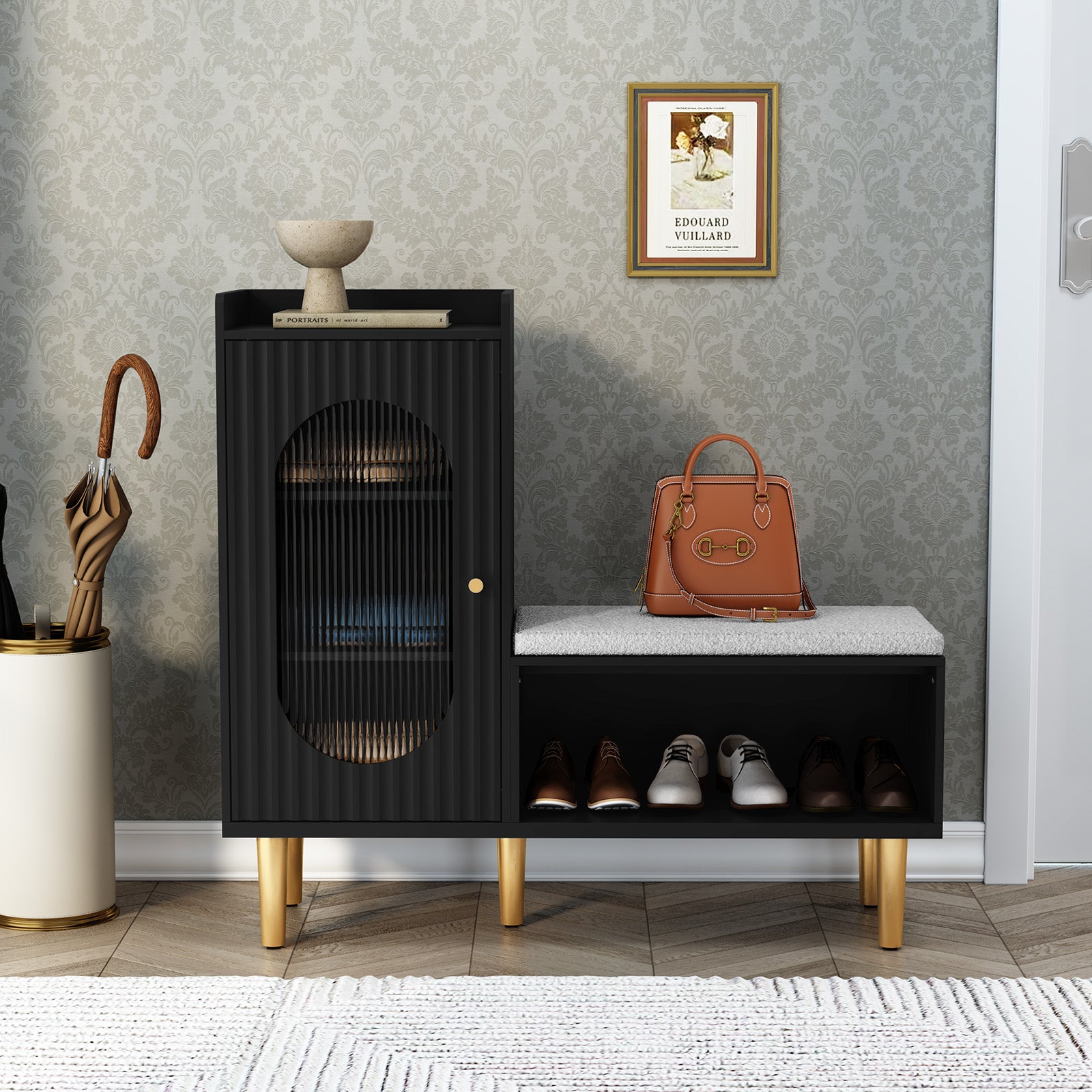 CBJCBJ Modern Storage Bench with Glass Door & Shelf - L-Shaped Entryway Cabinet, Padded Seat for Hallway/Bedroom/Office