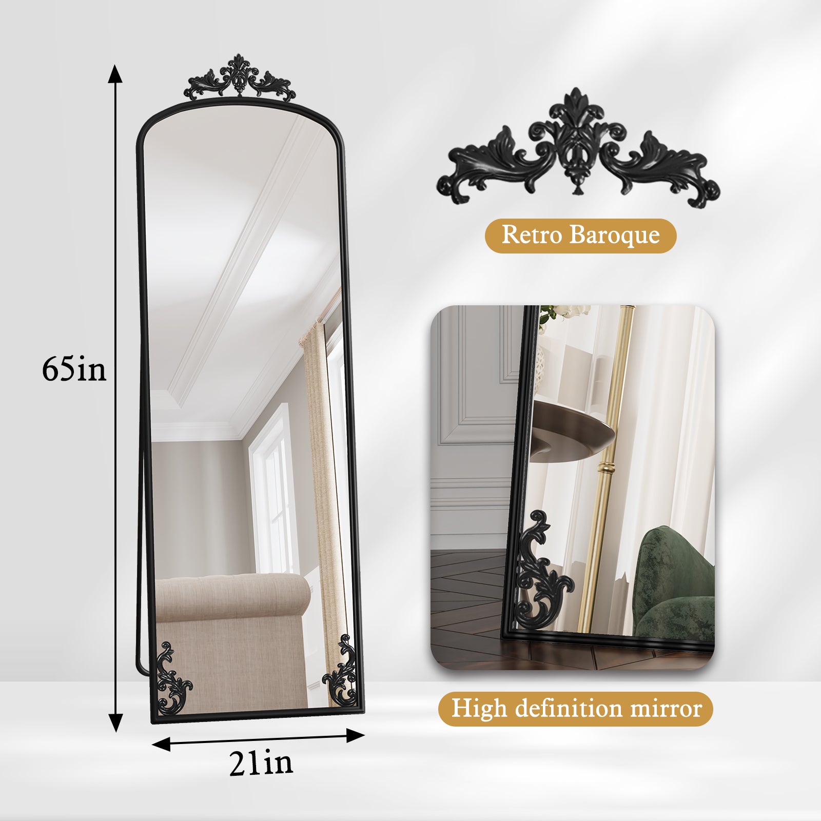 HLR® 64"x21" Tall Vintage Full Body Arched Mirror
