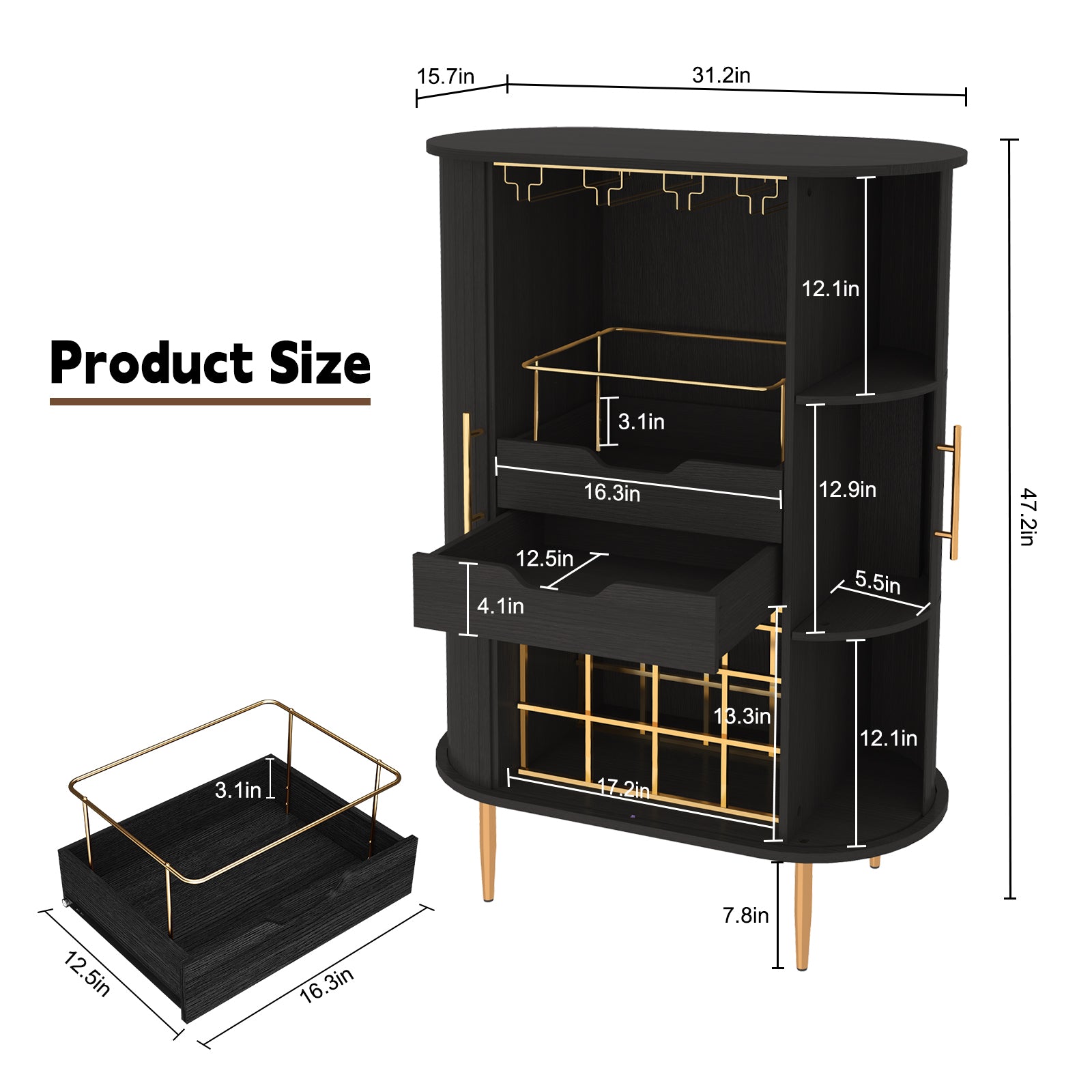 CBJCBJ Bar Cabinet with Tambour Door –Wood Liquor Cabinet 16 with Wine Racks and Glass Holder,Coffee Bar for Home(Black)