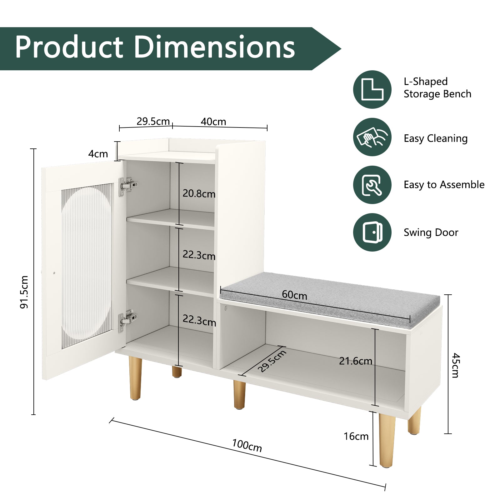 CBJCBJ Modern Storage Bench with Glass Door & Shelf - L-Shaped Entryway Cabinet, Padded Seat for Hallway/Bedroom/Office