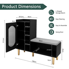 CBJCBJ Modern Storage Bench with Glass Door & Shelf - L-Shaped Entryway Cabinet, Padded Seat for Hallway/Bedroom/Office