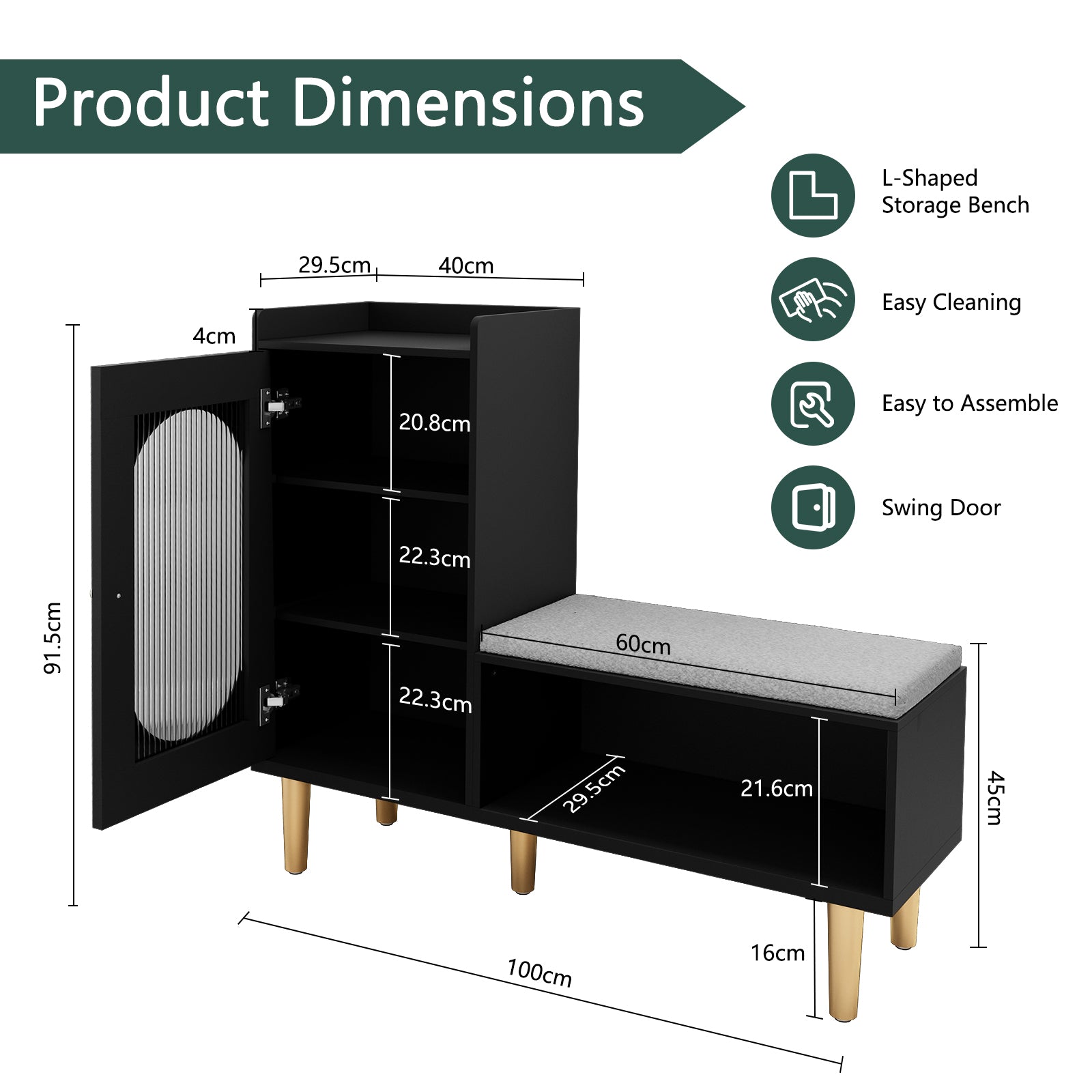 CBJCBJ Modern Storage Bench with Glass Door & Shelf - L-Shaped Entryway Cabinet, Padded Seat for Hallway/Bedroom/Office