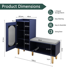 CBJCBJ Modern Storage Bench with Glass Door & Shelf - L-Shaped Entryway Cabinet, Padded Seat for Hallway/Bedroom/Office