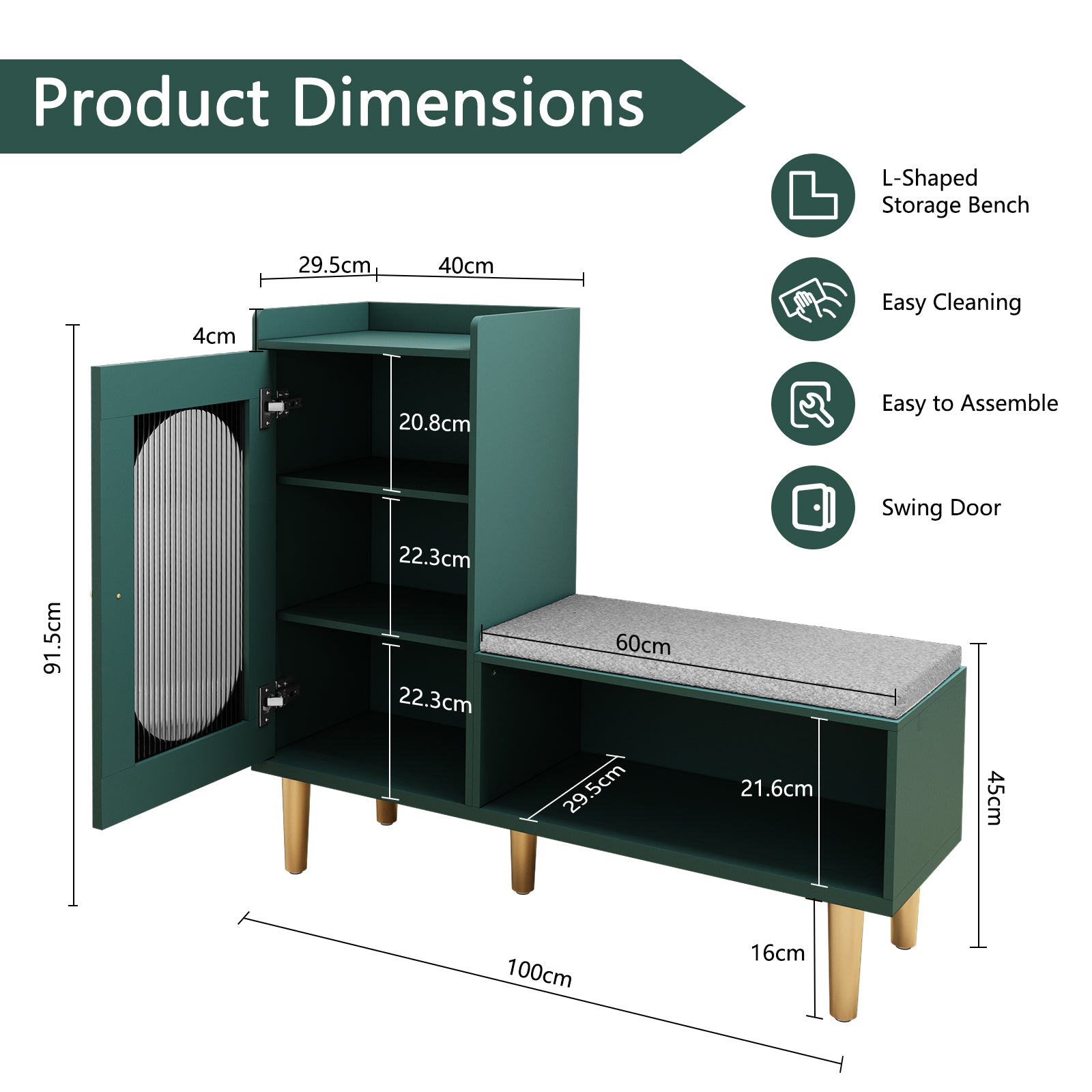 CBJCBJ Modern Storage Bench with Glass Door & Shelf - L-Shaped Entryway Cabinet, Padded Seat for Hallway/Bedroom/Office