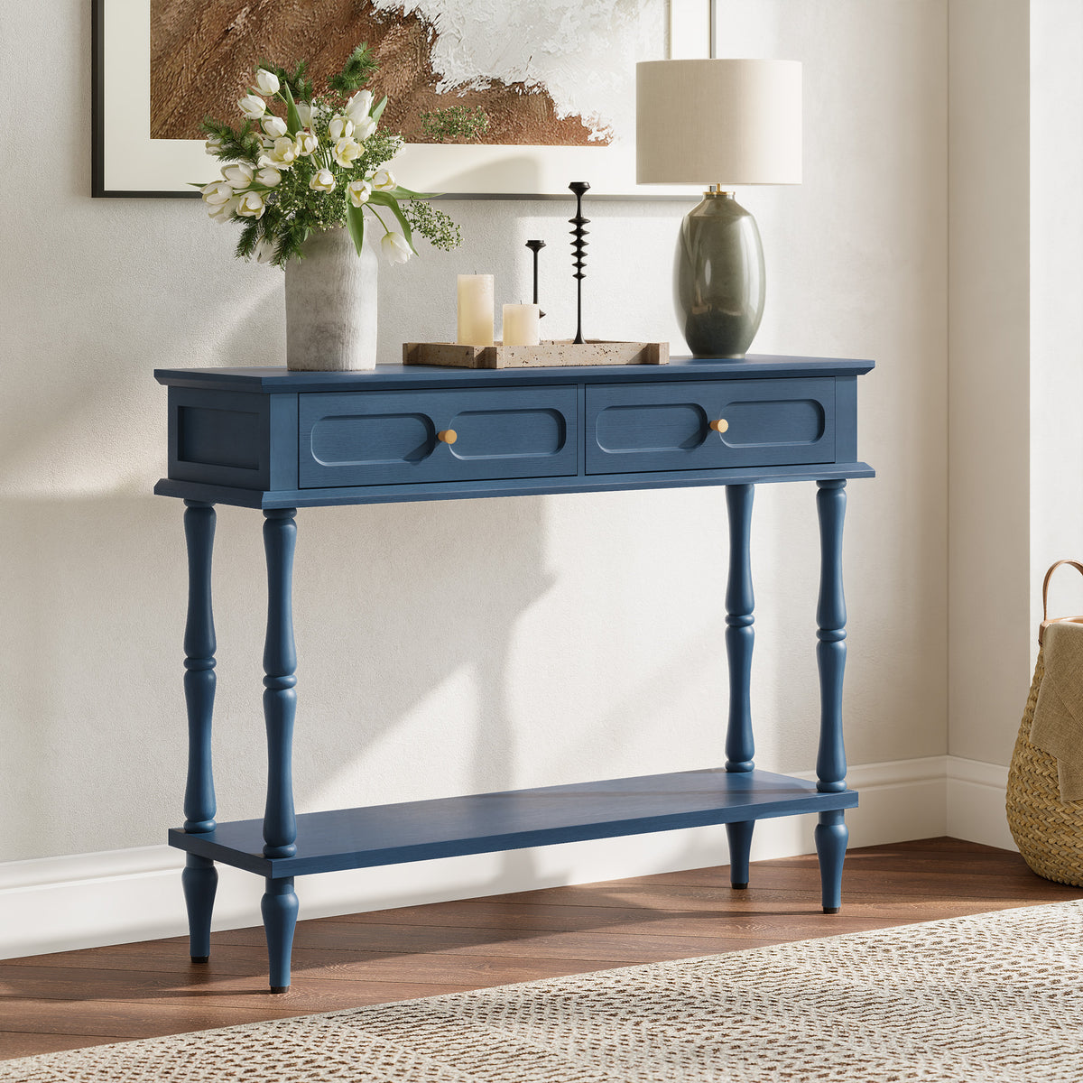 HLR 41" Mid Century Console Tables, Entryway Tables with 2 Drawers, 10 Mins Assembly, Blue