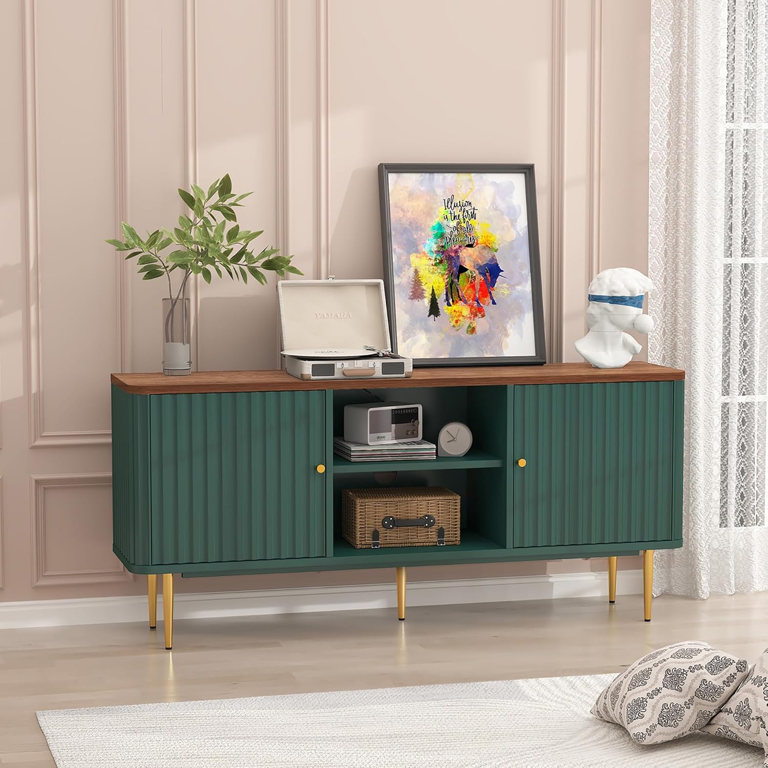 HLR® 55” Fluted TV Stand, Mid Century Modern White TV Stand for 55/60/65 inch TV